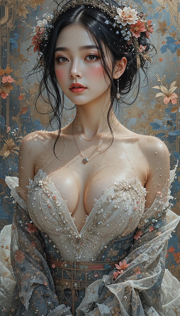 Otherworldly glamorous woman in luminous pointillist style