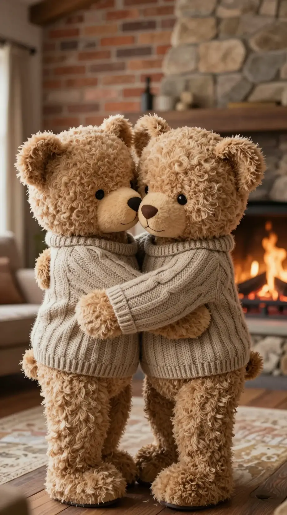 Cozy teddy bears hugging by a rustic fireplace