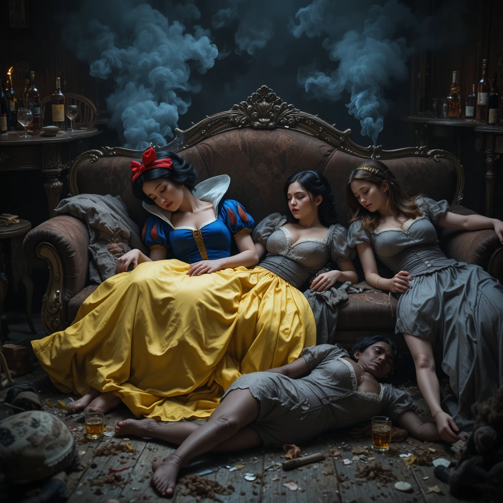 Branca de Neve dormindo de ressaca em um sofá de veludo esfarrapado