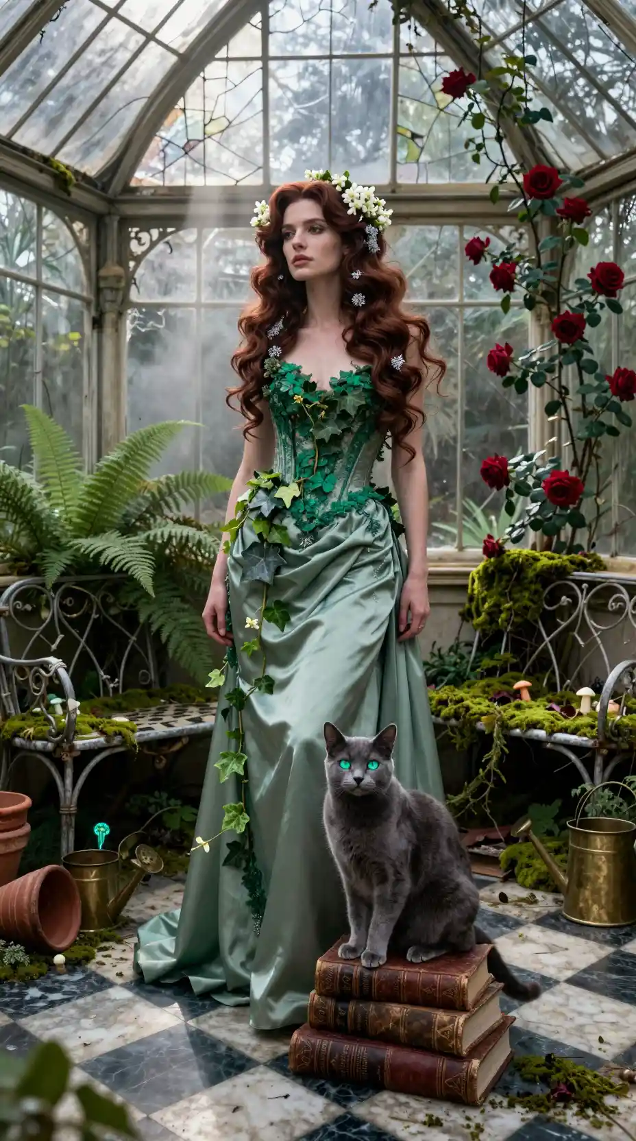 Regal woman in a decaying victorian glass conservatory