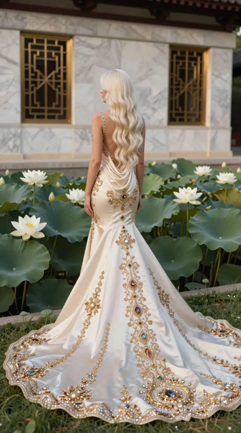 Elegante Frau im Seidenkleid zwischen weißen Lotusblüten
