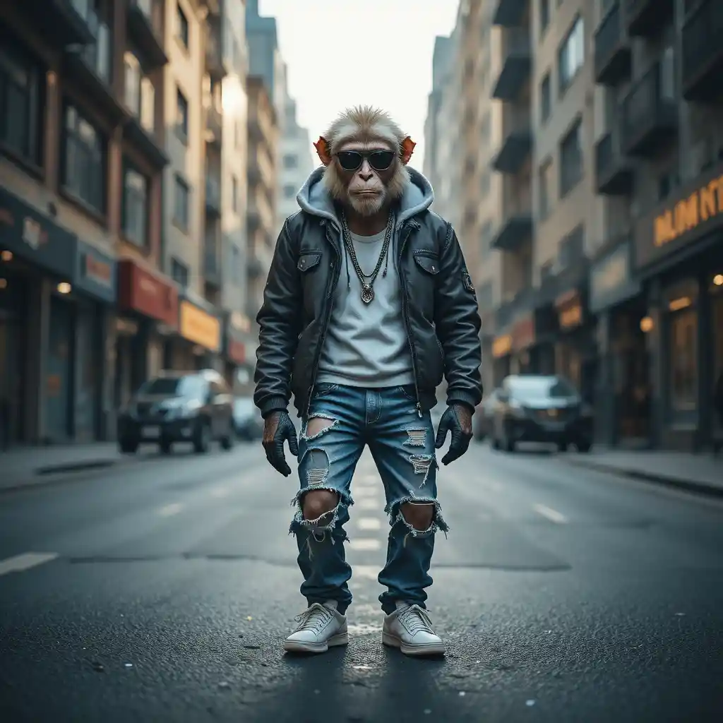 Stilvoller Affe im Hoodie auf urbaner Stadtstraße