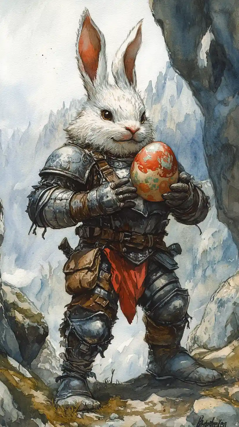 Cheerful armored Easter rabbit holding a decorated egg