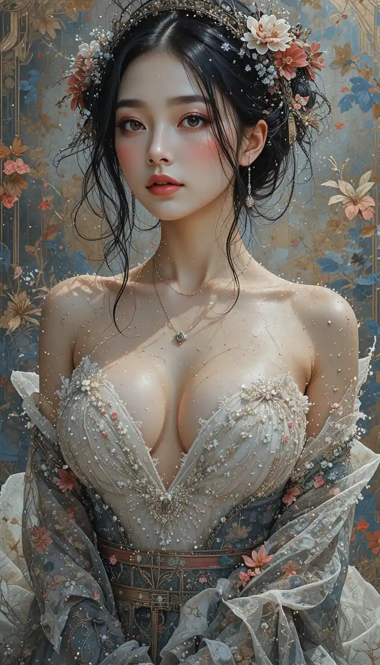 Otherworldly glamorous woman in luminous pointillist style