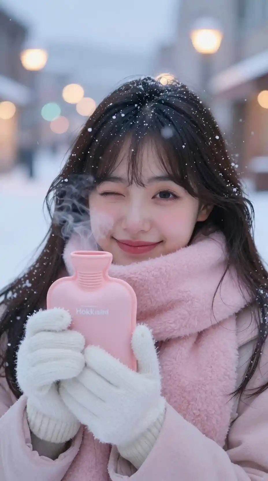 Girl offering hand warmer on snowy japanese street at dusk