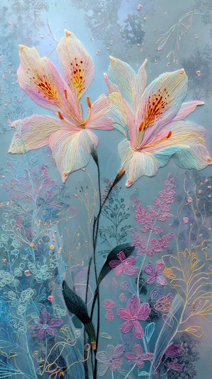 Two tender flowers in a dreamy ornamental fantasy scene