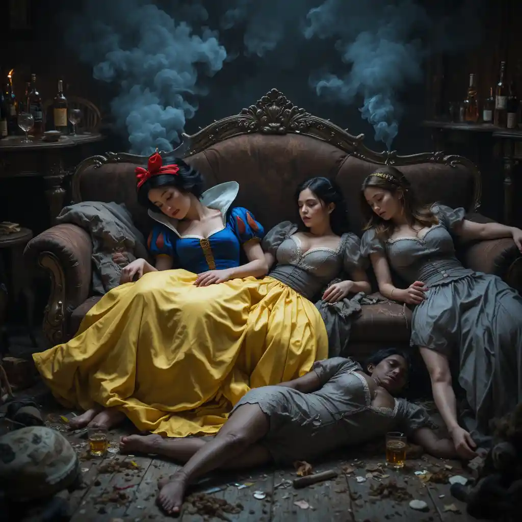 Blancanieves duerme de resaca en un sofá de terciopelo raído