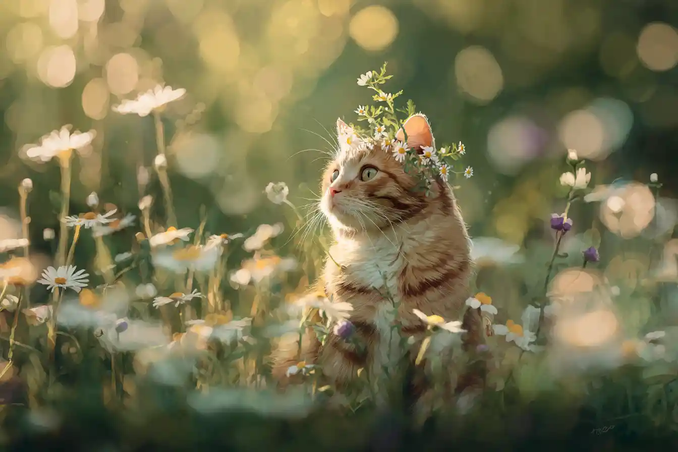 Verspielte Katze in einer traumhaften Wildblumenwiese Illustration