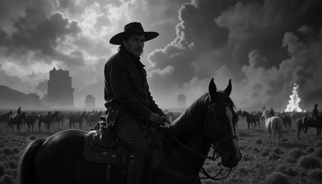 Old cowboy on horseback watching a moonlit cattle herd