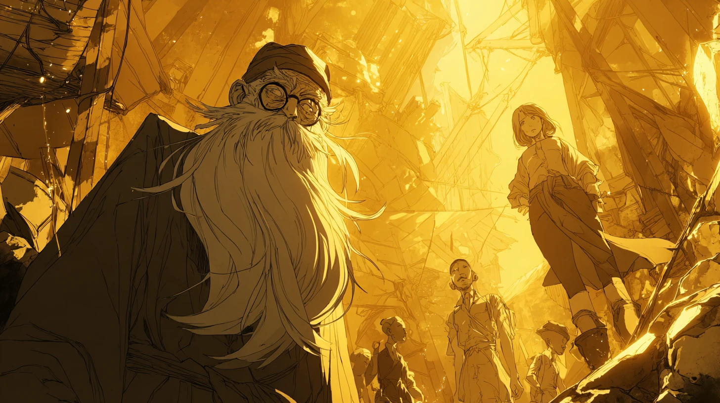 Cena de anime de pessoas construindo juntas em luz quente e contrastante