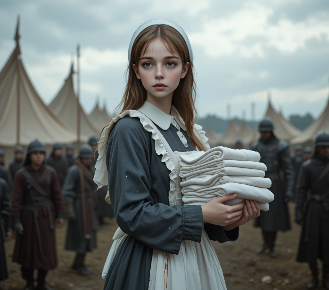 Young battlefield nurse carrying bloodstained linens in camp