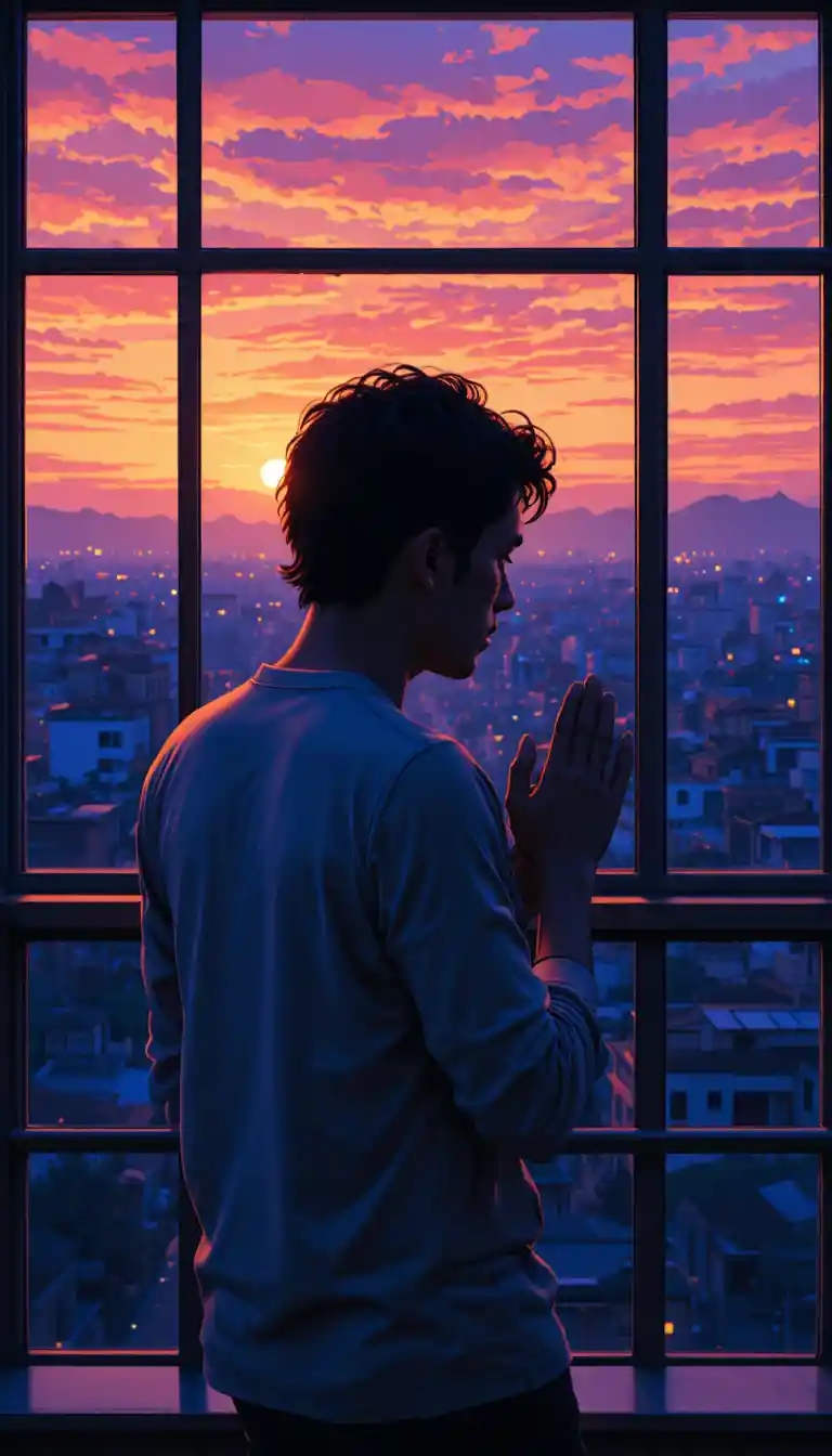 Mann, der bei Sonnenuntergang auf einem Balkon über der Stadt betet