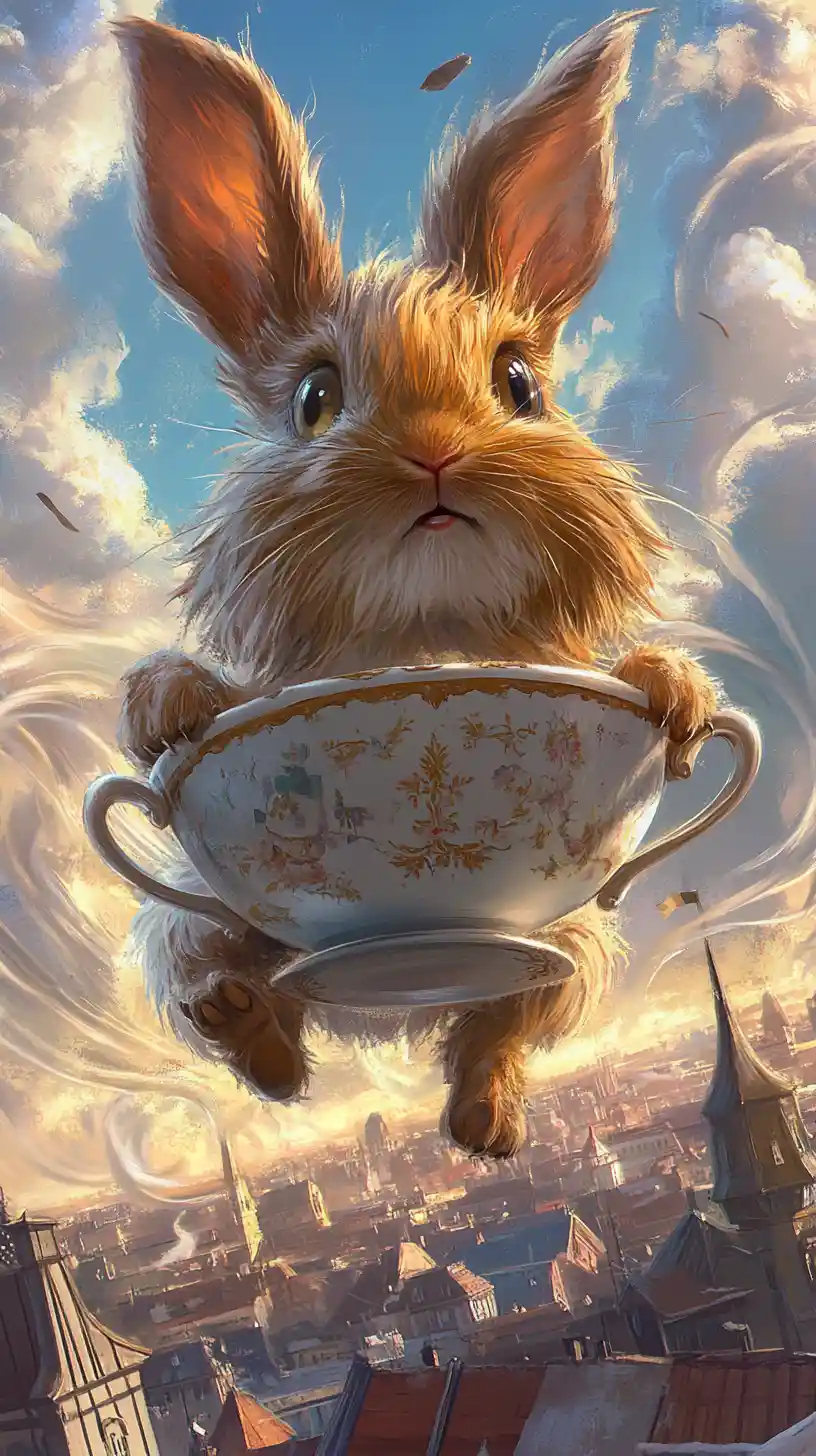 Shaggy rabbit riding a flying teacup through clouds