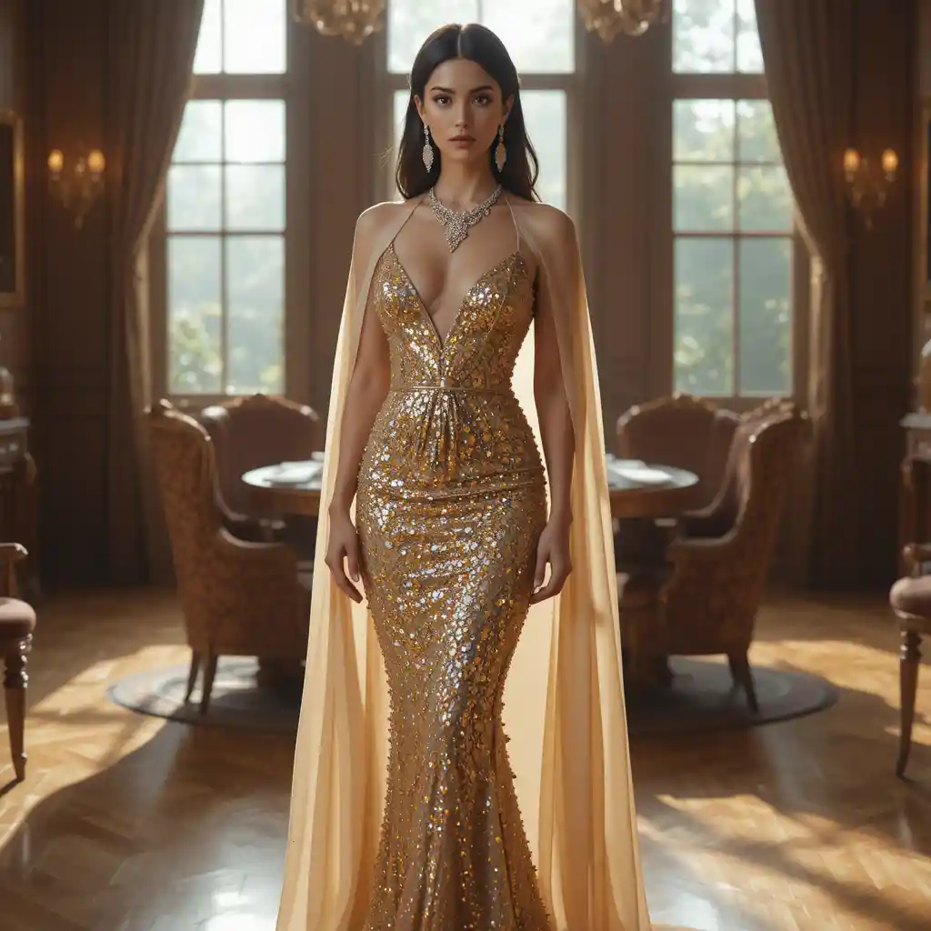 Elegant woman in glittering gold gown in warm interior