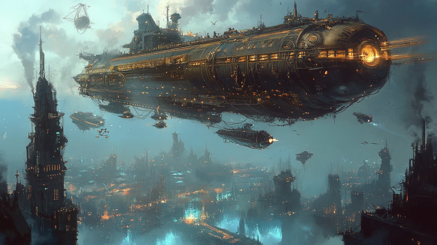 Massive steampunk airship among floating islands and creatures