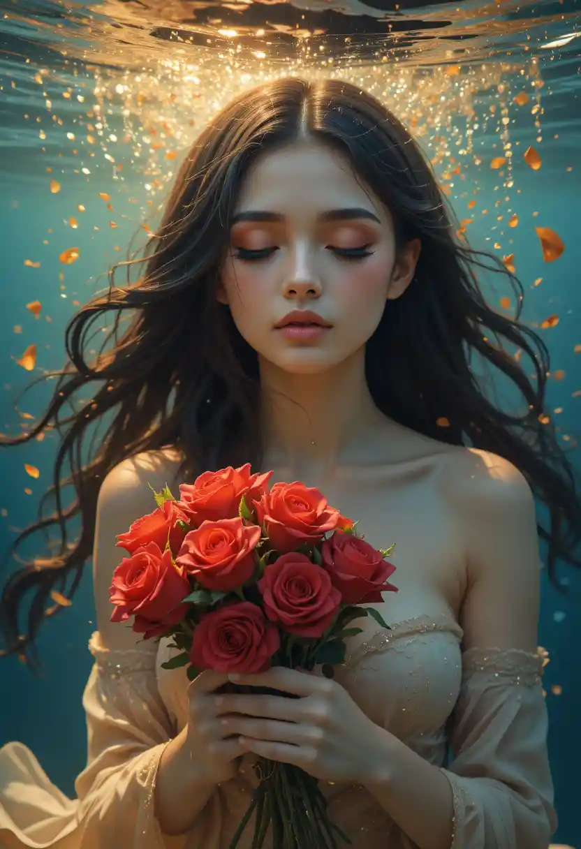 Donna Eterea con Rose in una Scena Subacquea Luminosa