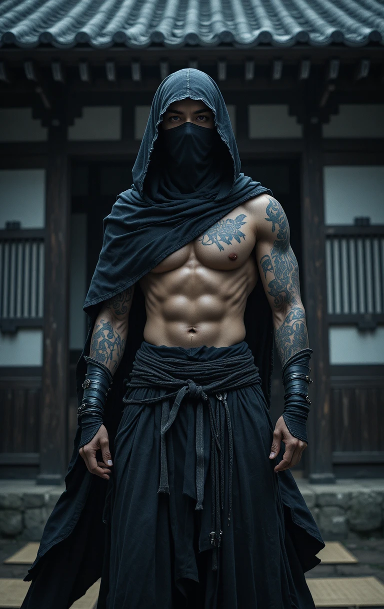 일본식 실내에 선 검은 로브의 문신 가면 남자