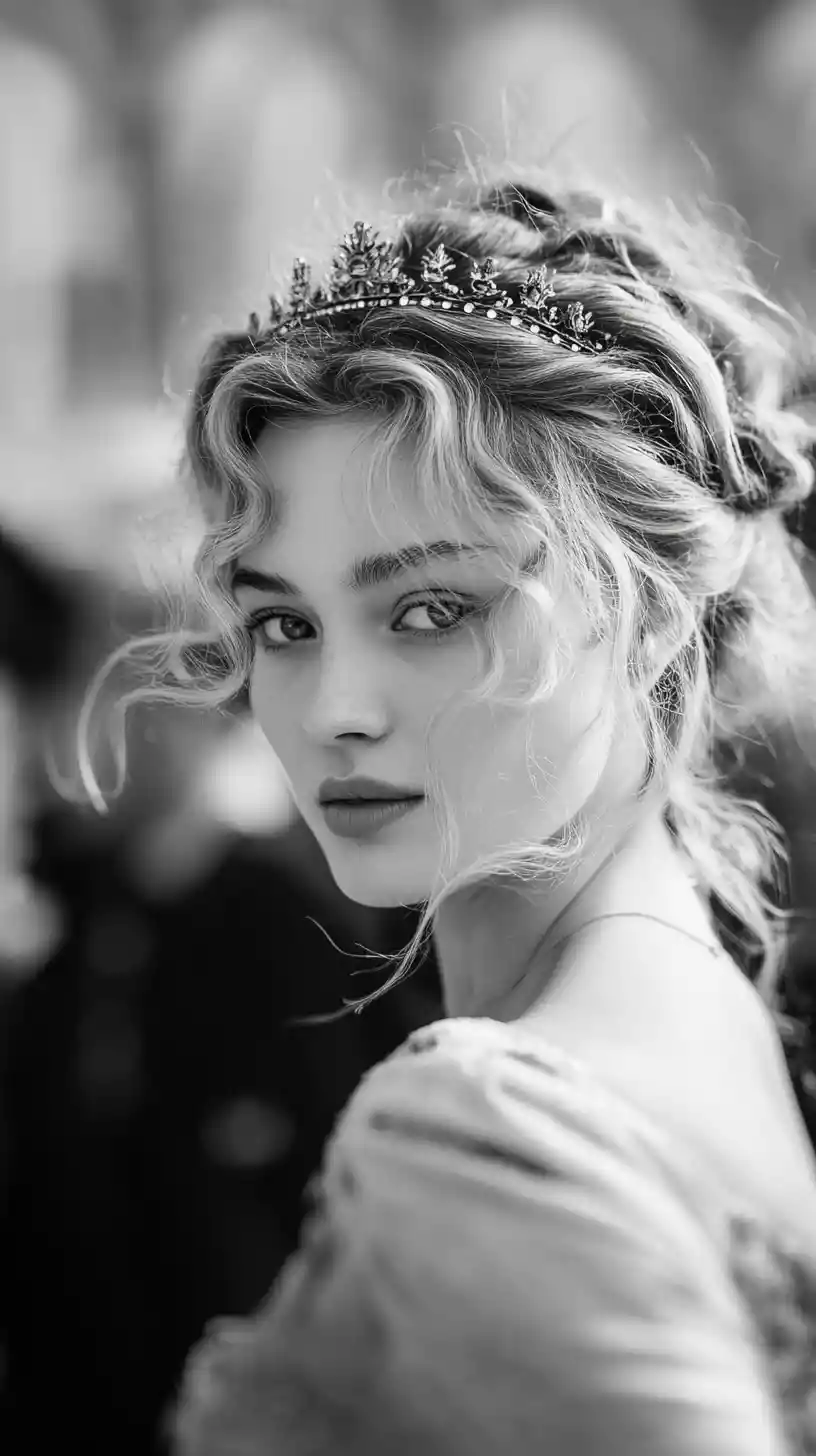 Young queen turning with golden curls in soft palace light