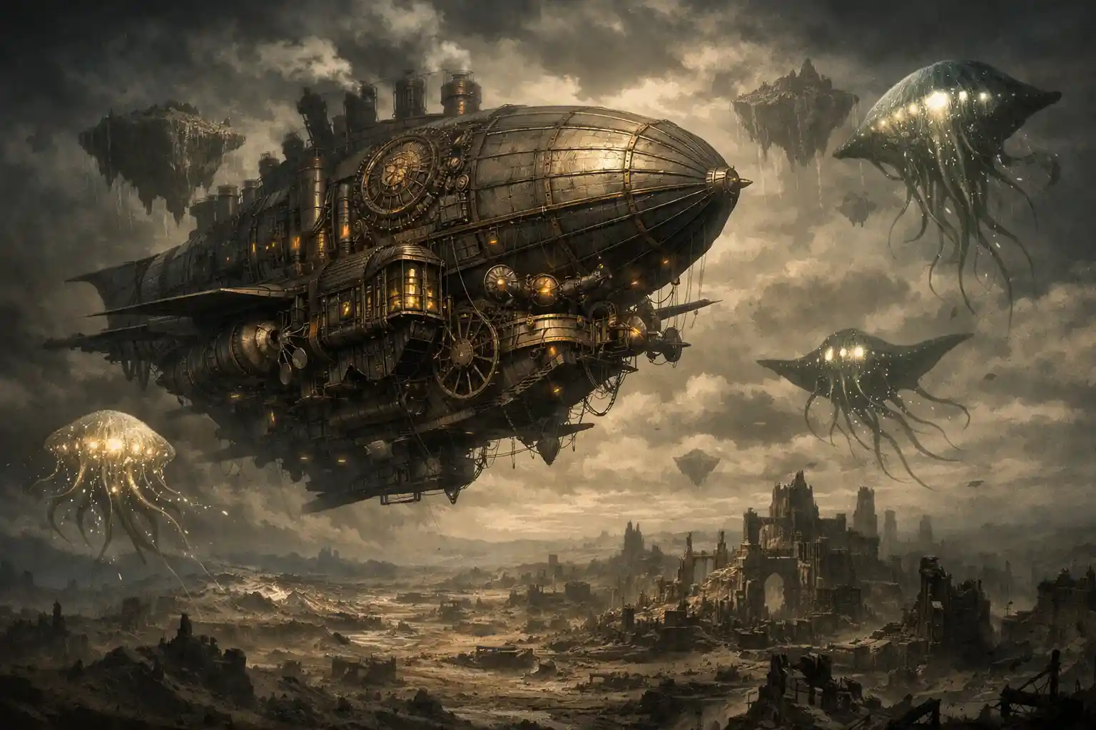 Riesiges Steampunk-Luftschiff über schwebenden Inseln und Ruinen