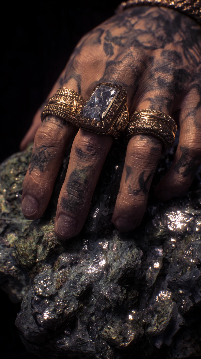 Surreal hand with big rock rings resembling a statue