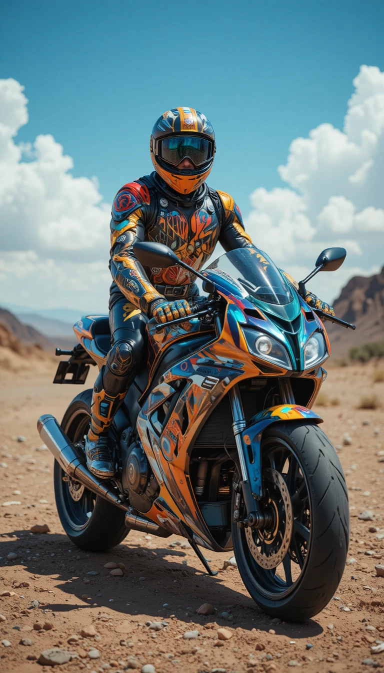 Joven montando una motocicleta futurista en estilo de pintura impasto