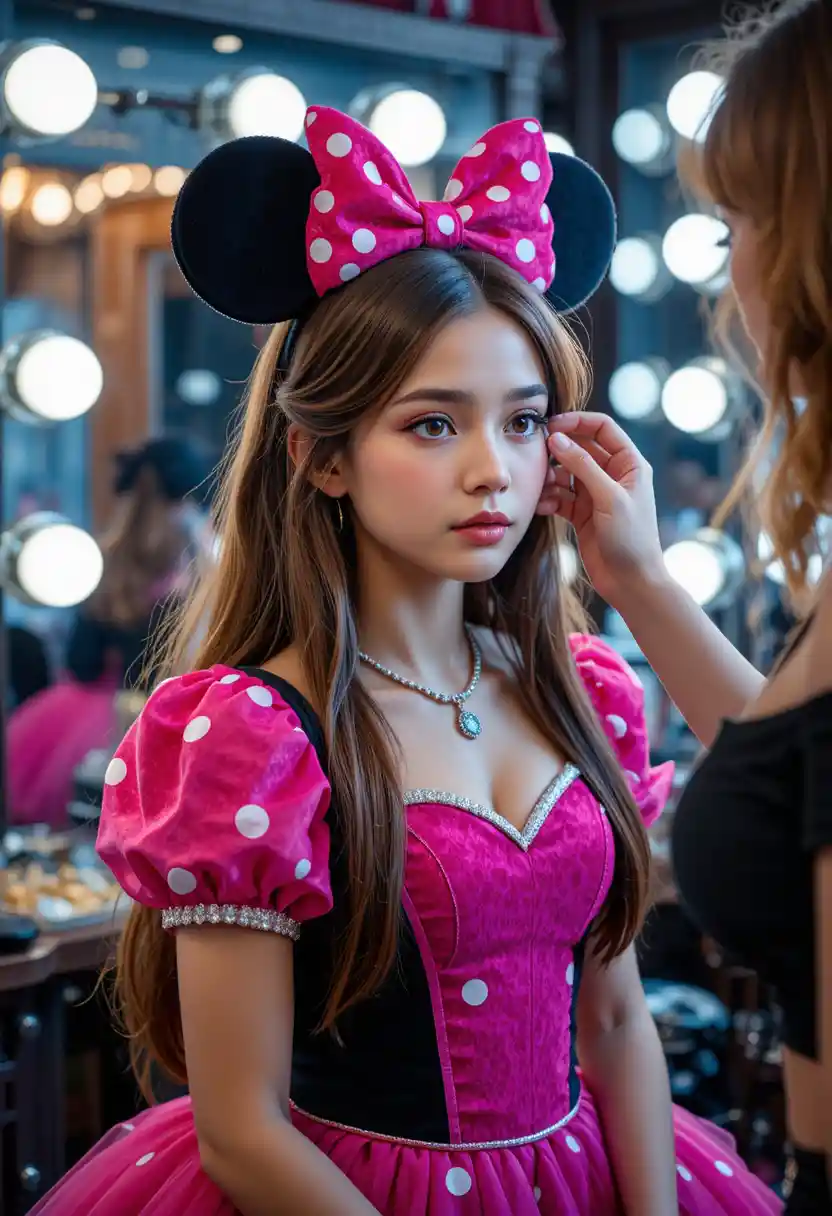 Boy in pink minnie dress in a boutique dressing room