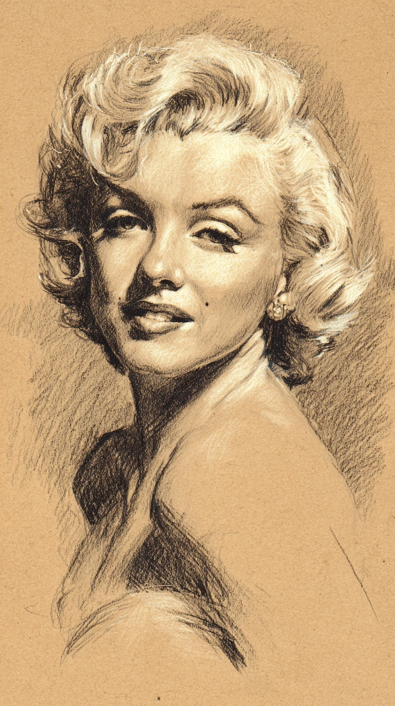 Sensual charcoal bust portrait of a vintage Hollywood woman