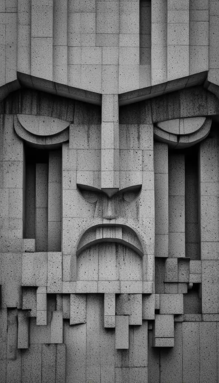 Monumental brutalist concrete facade forming a human face