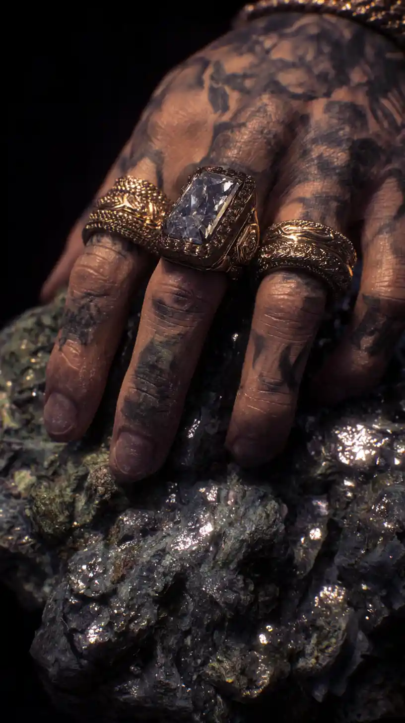 Surreal hand with big rock rings resembling a statue