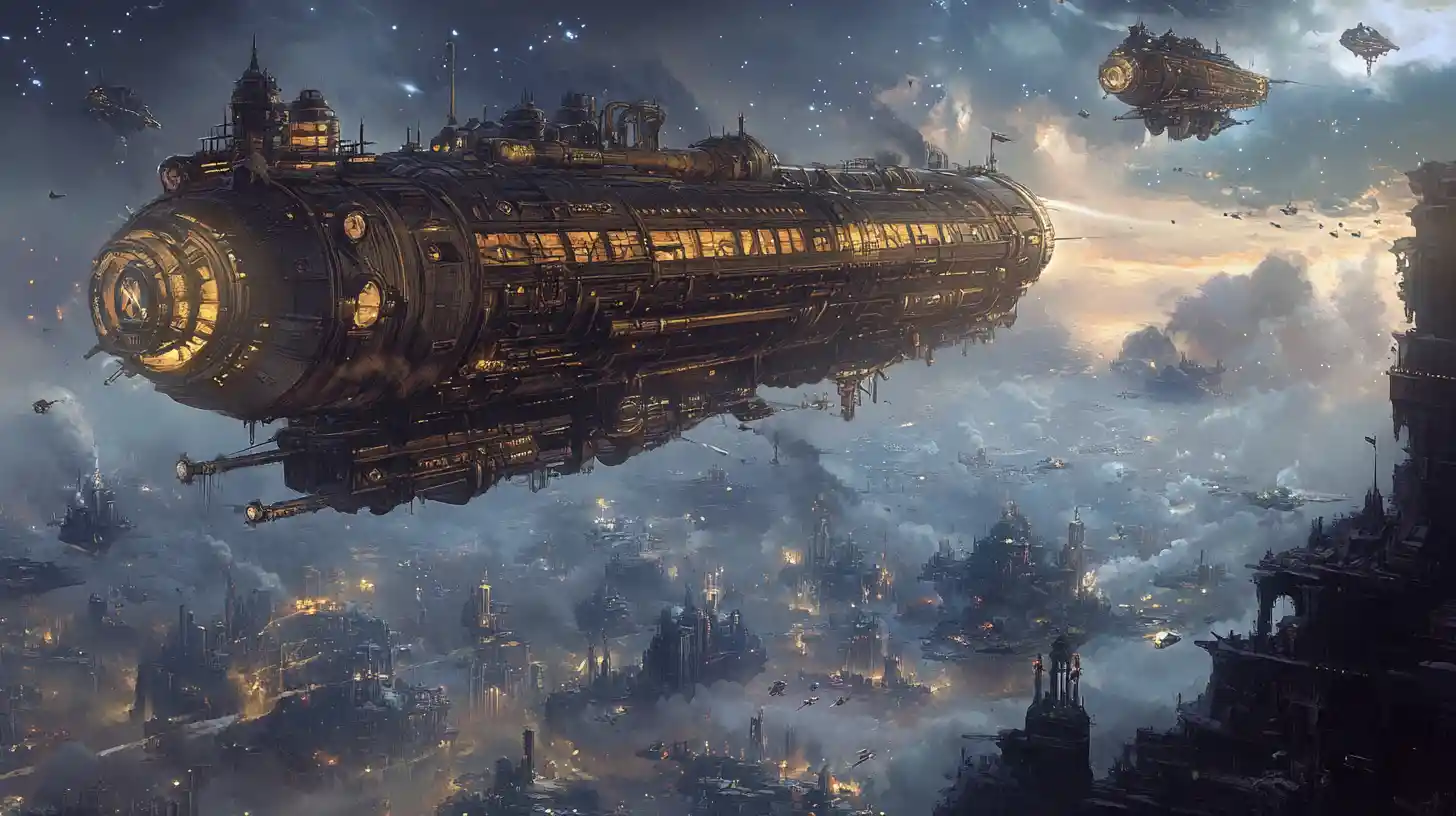 Gigantic steampunk airship over floating islands and ruins