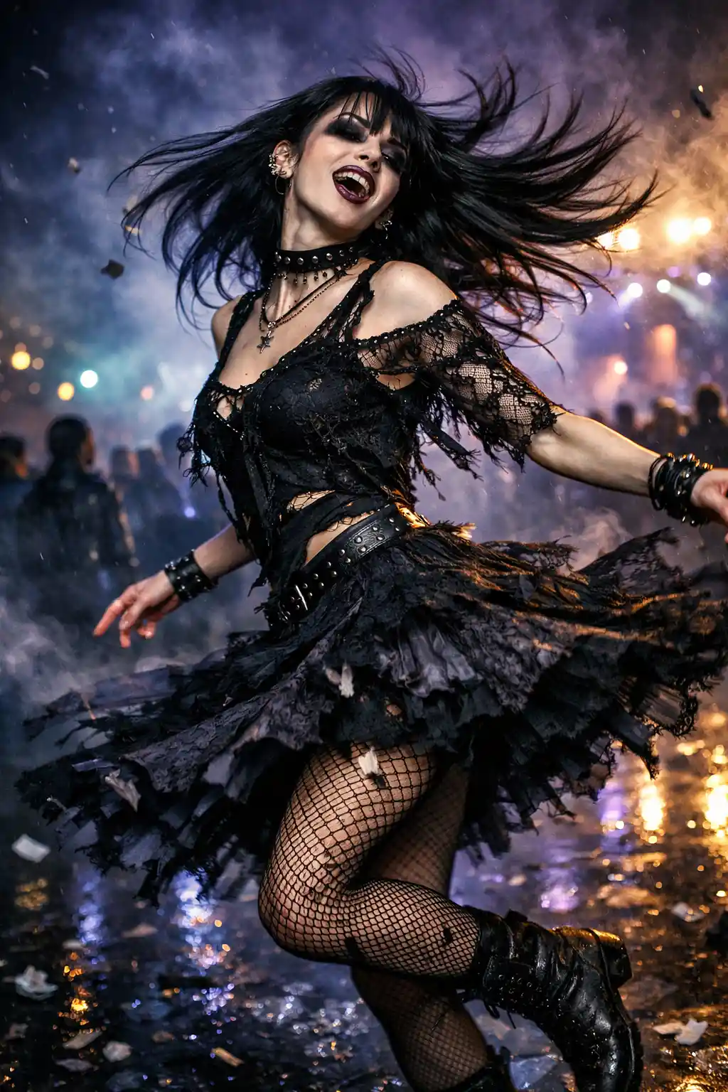 Gothic woman dancing wildly at a dark wave festival