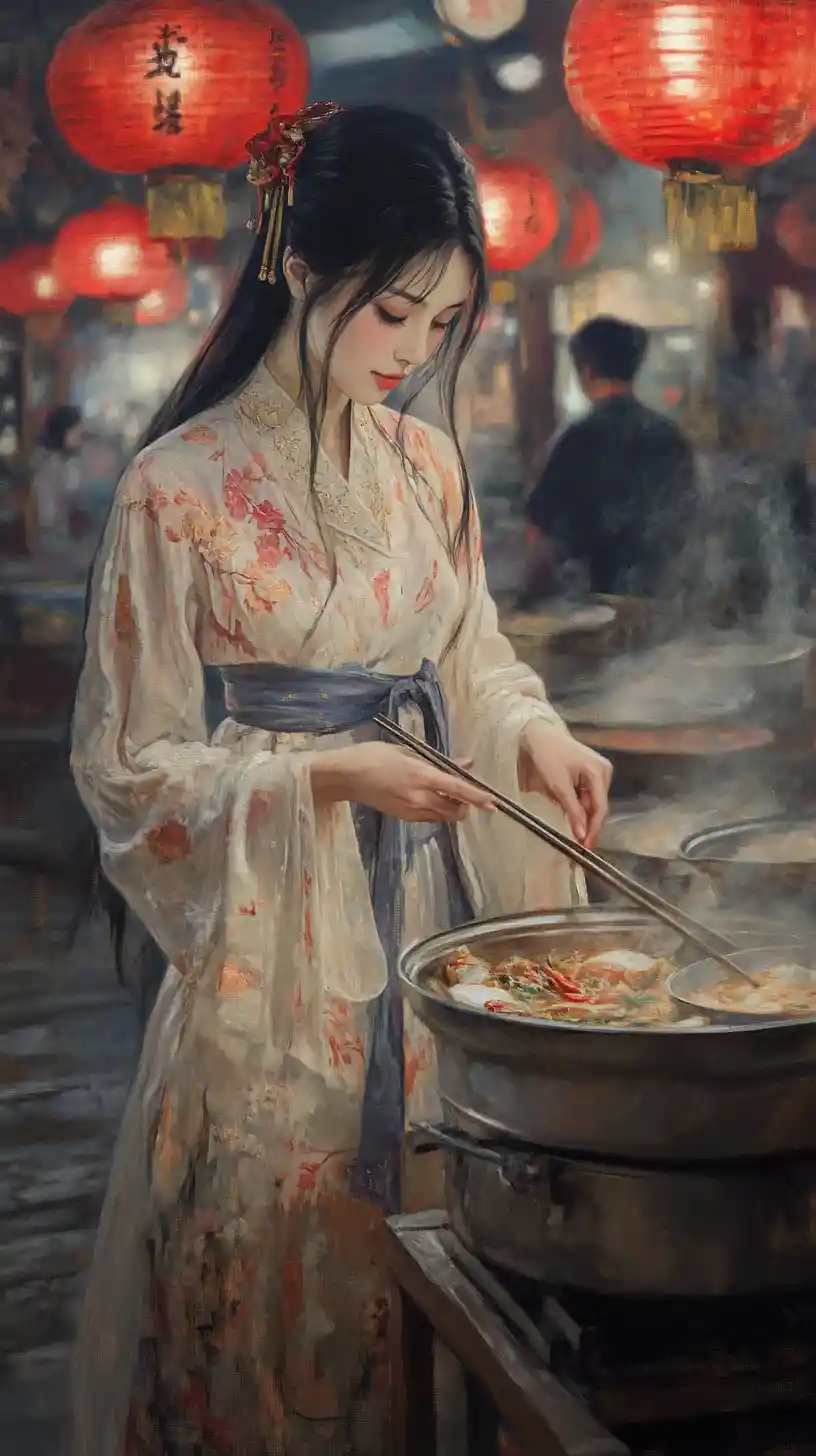 Young woman cooking street food in lantern lit market