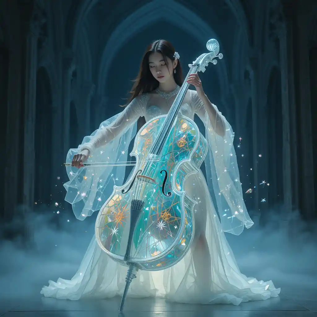 Korean woman playing a luminous crystalline cello in darkness