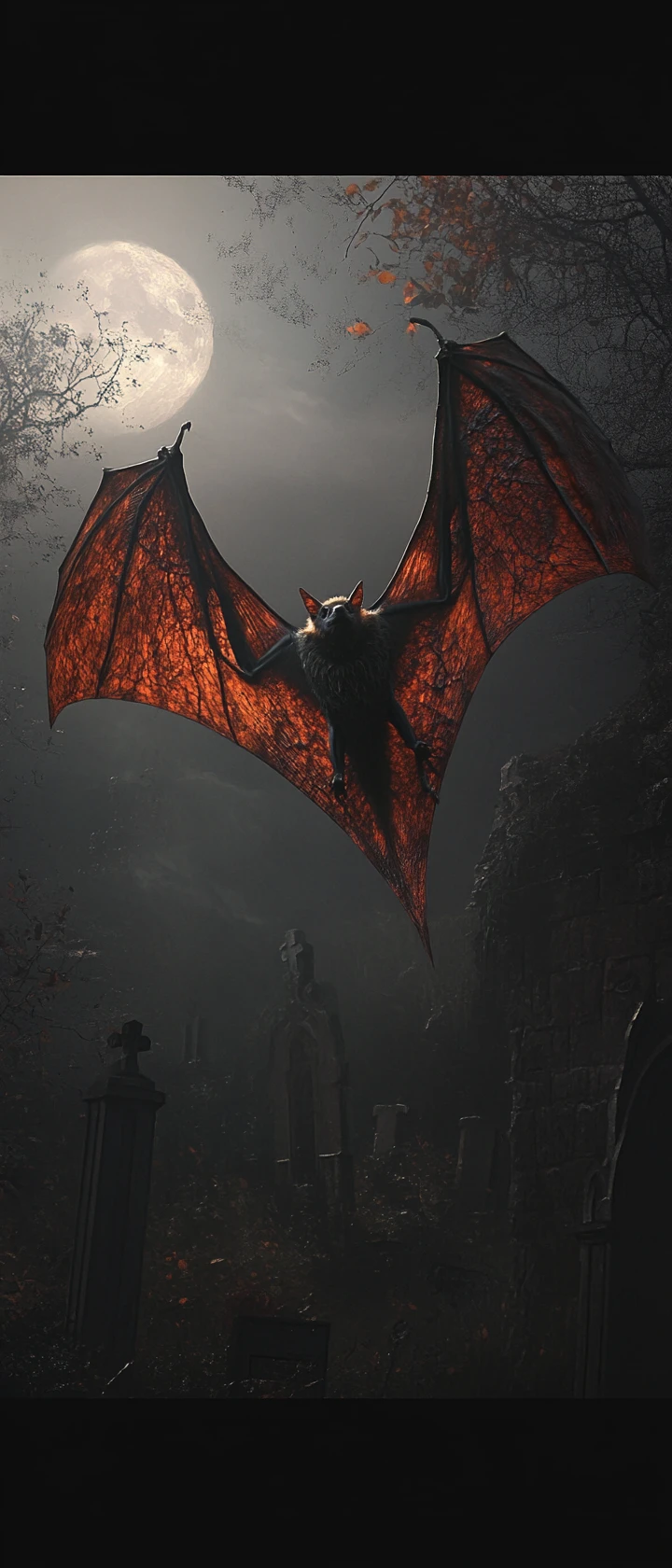 Chauve-souris dans un cimetière victorien au clair de lune illustration dark fantasy