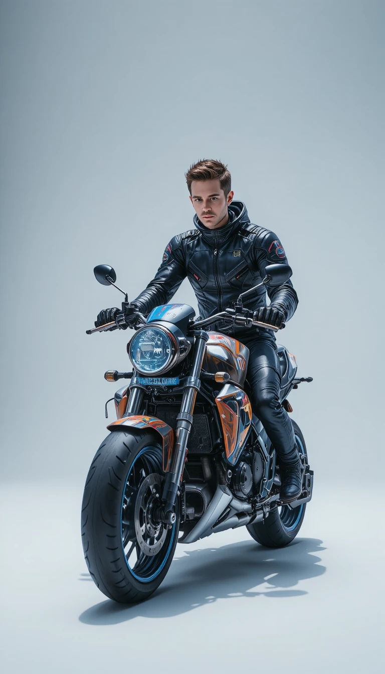 Pintura futurista de motocicleta con joven piloto en estilo impasto