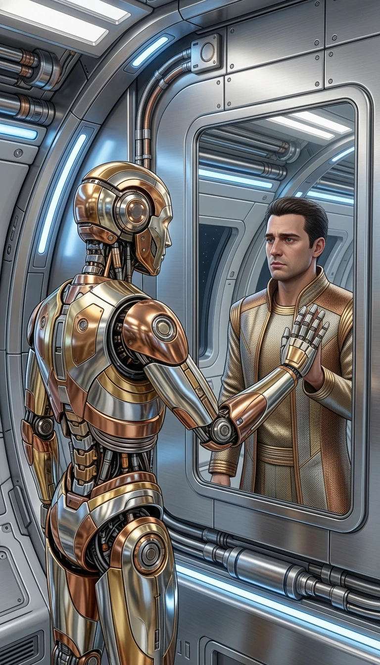 Humanoid robot touching a mirror with a human reflection