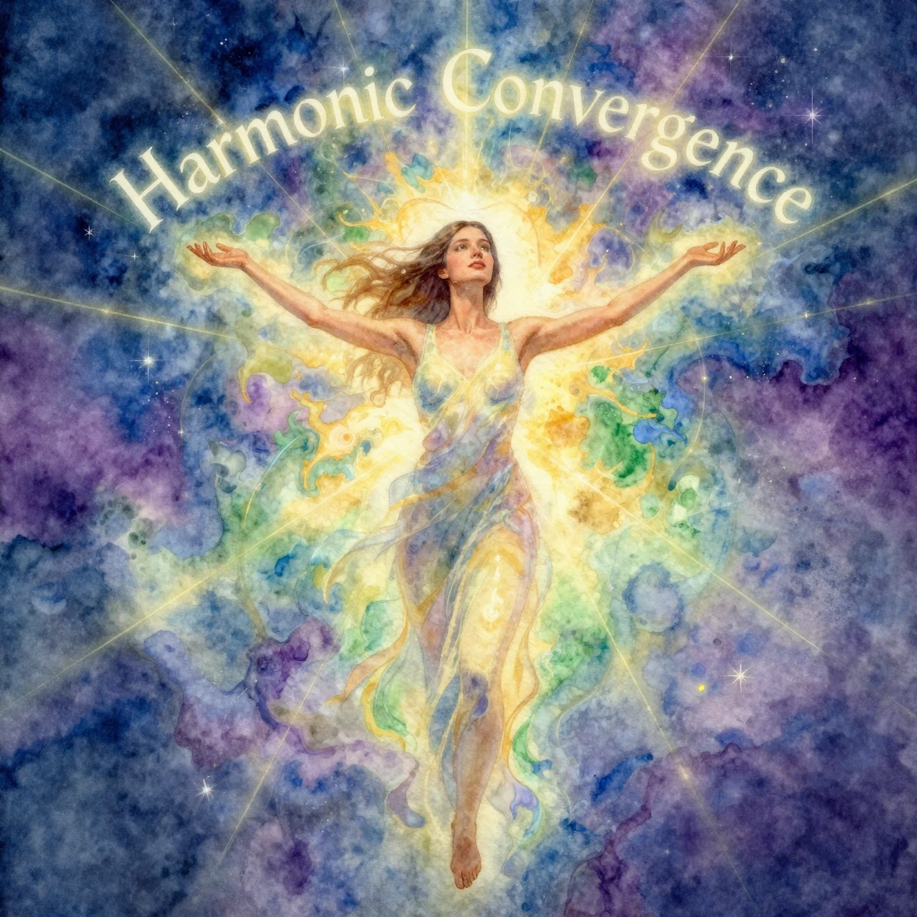 Young woman glowing in radiant cosmic watercolor scene
