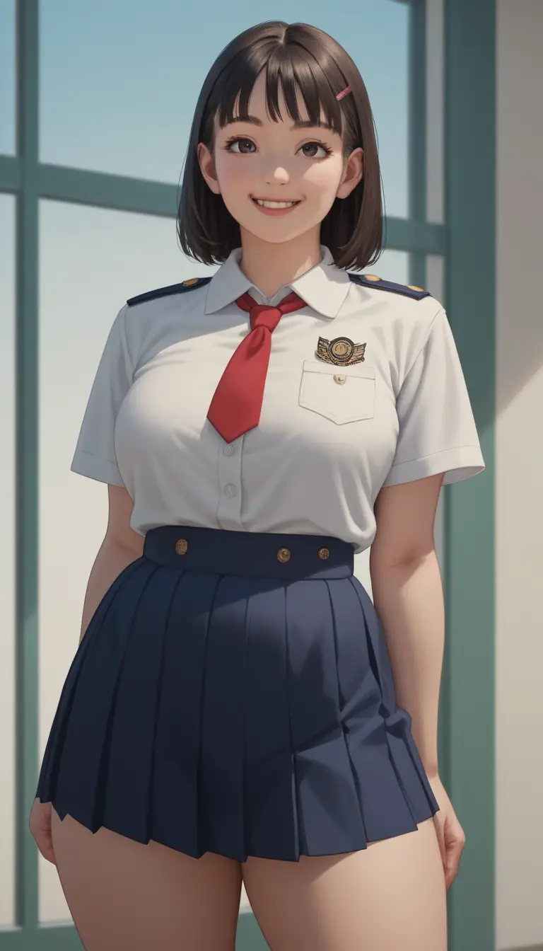 Anime schoolgirl posing on a sunny schoolyard