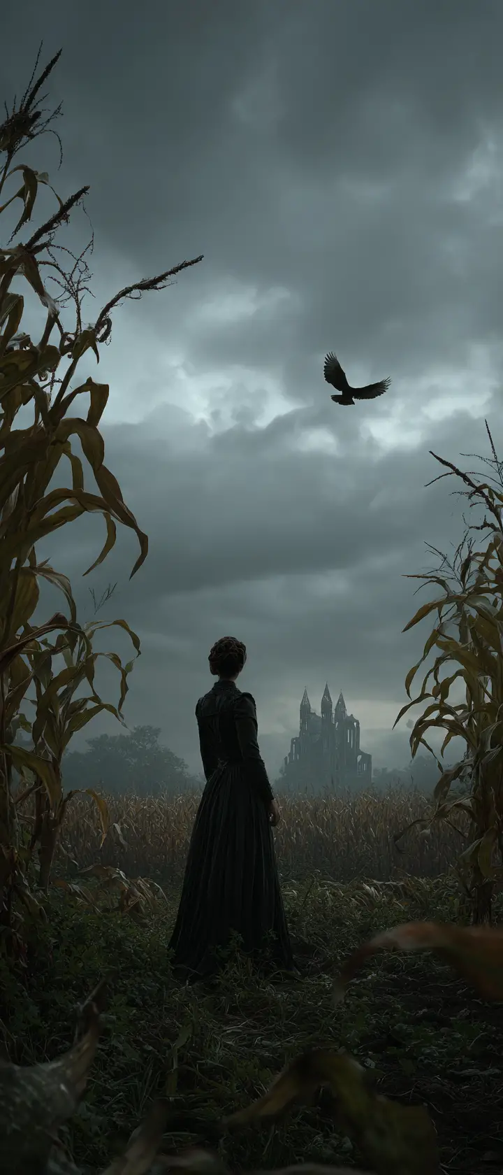 Gothic young woman in an overgrown cornfield under dark skies