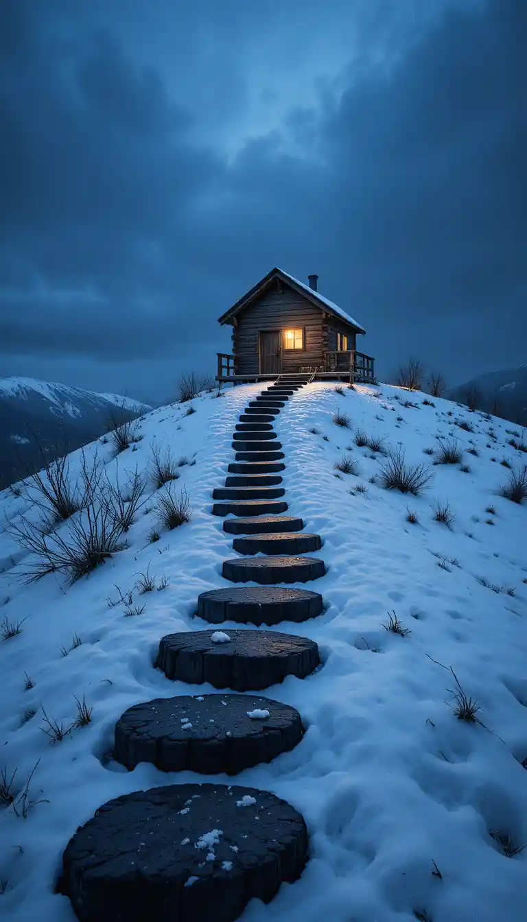 Cozy wooden cabin glowing on a snowy twilight hill