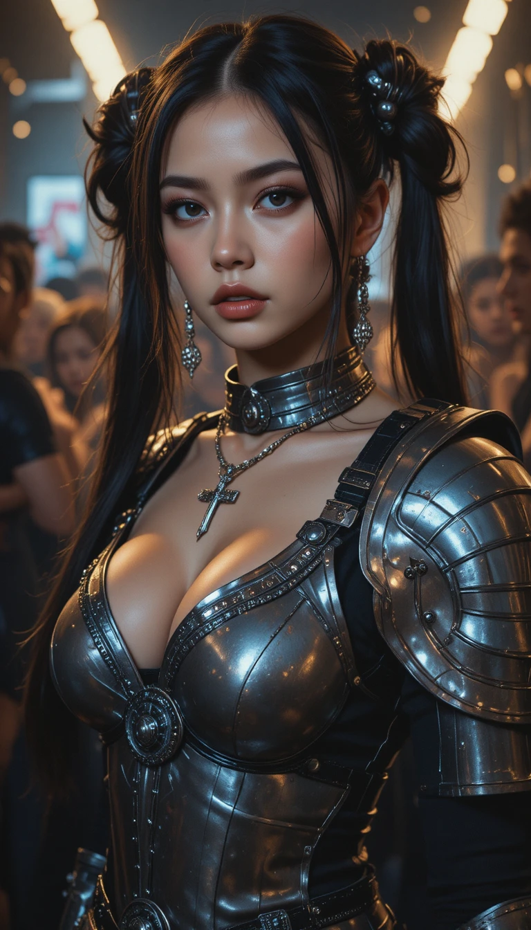 Full body dancer cat girl in a crowded nightclub