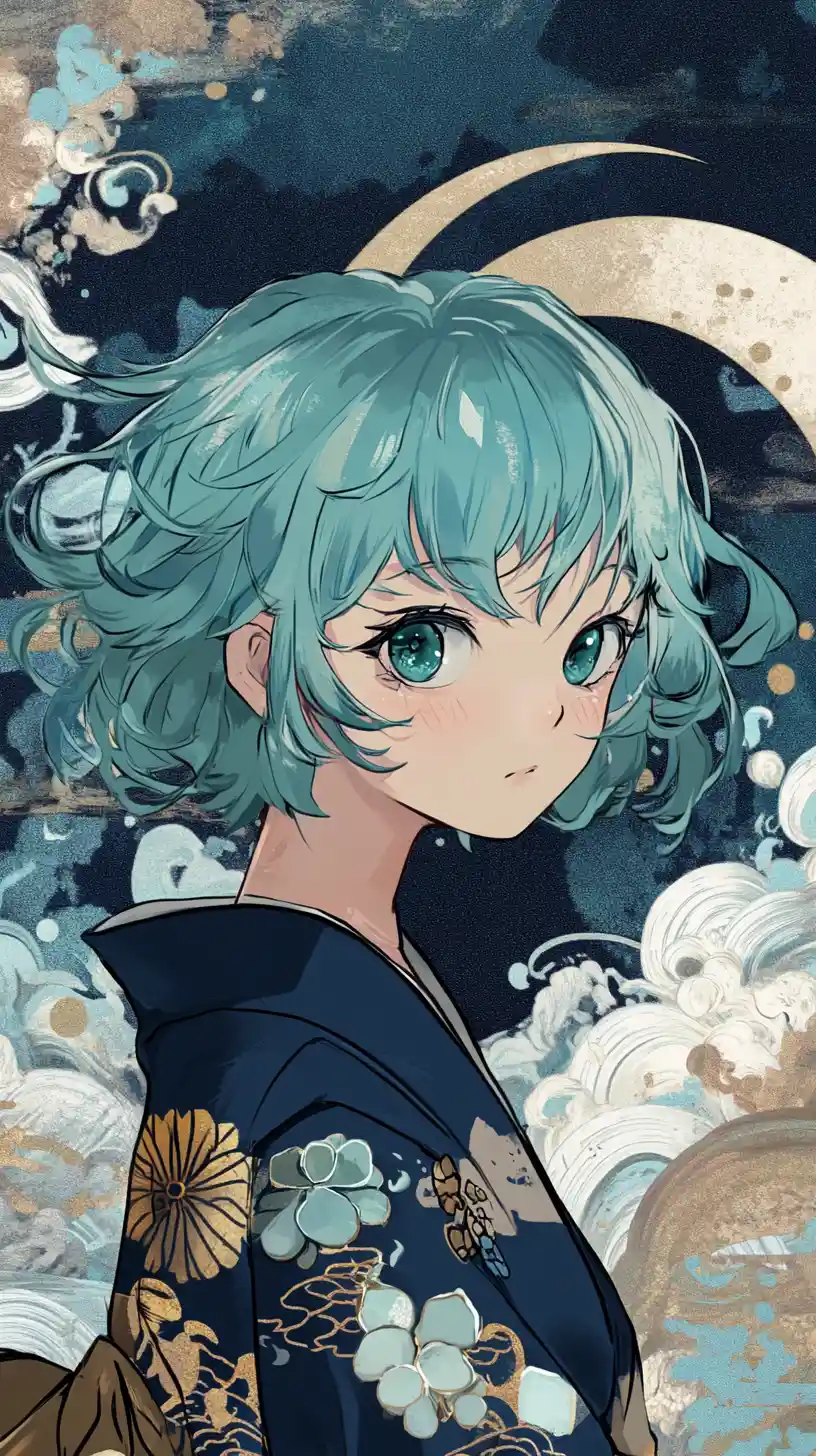 Anime girl in blue kimono with abstract flowing background