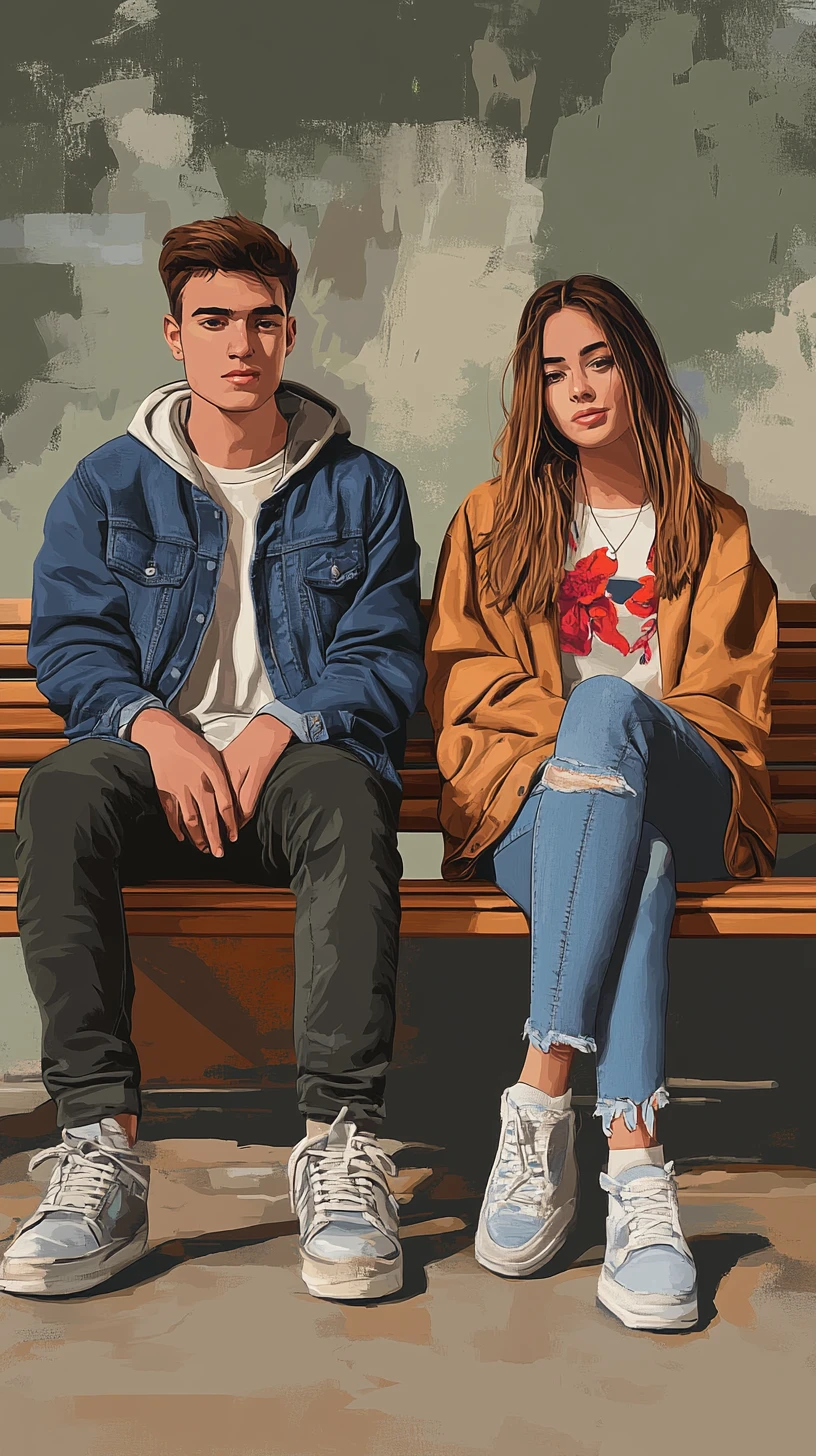 Young couple sitting on an urban bench in soft light