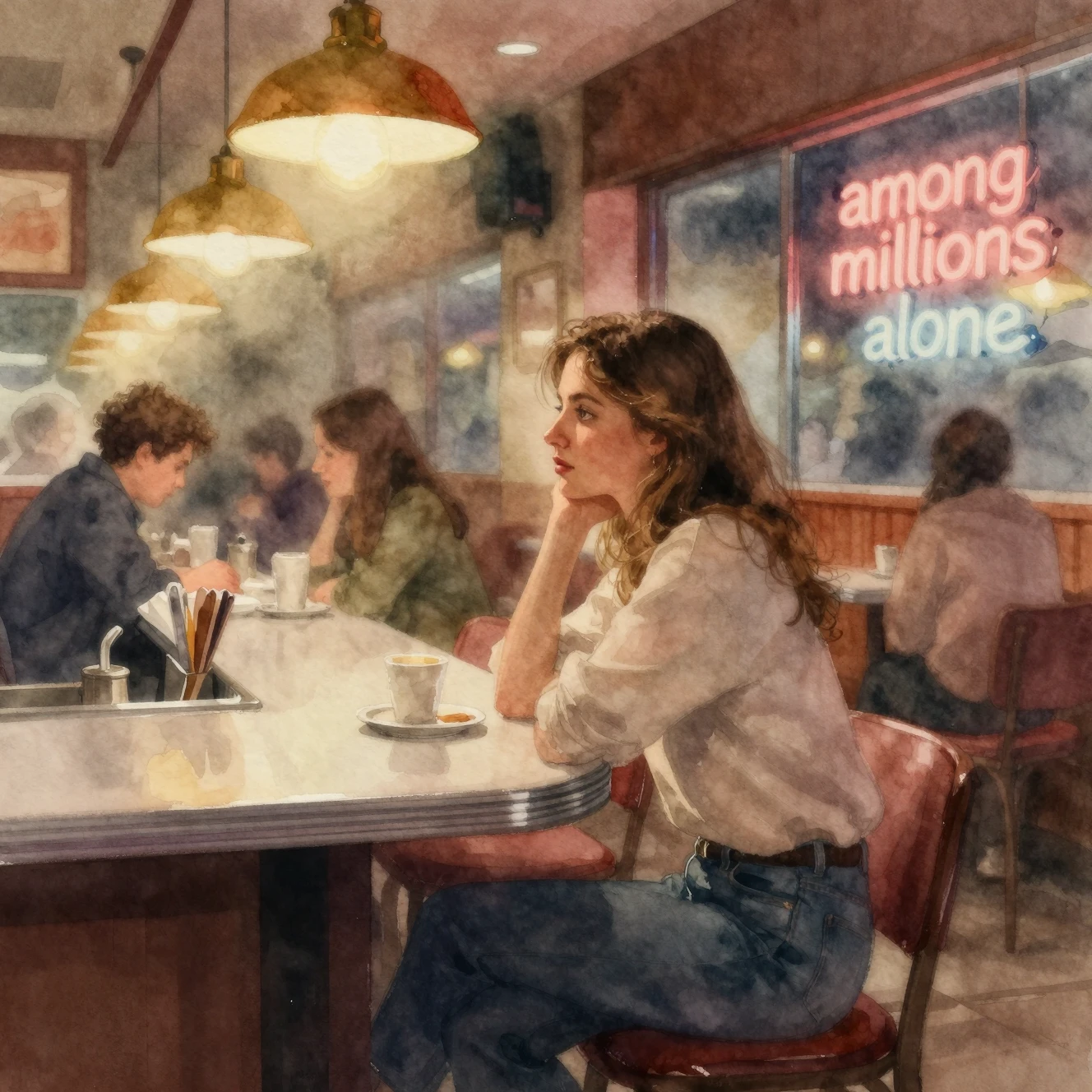 Young woman in watercolor at a quiet late night diner