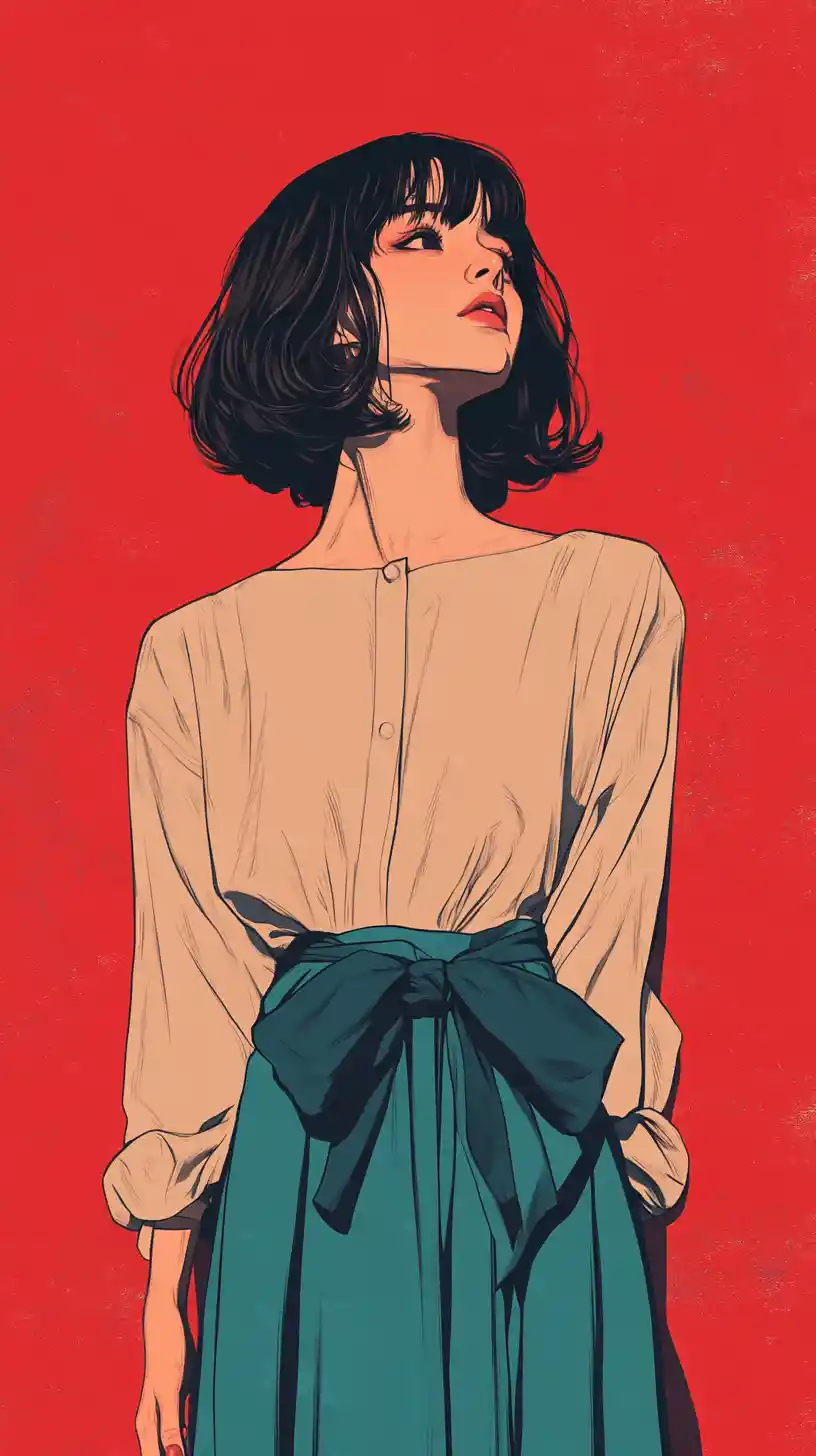 Stylish woman in teal skirt before bold red poster
