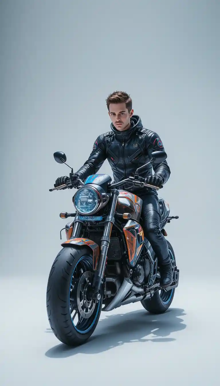 Dipinto futuristico di moto con giovane pilota in stile impasto