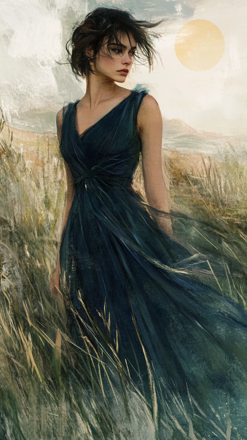 Young woman in blue dress standing in windy grassy field
