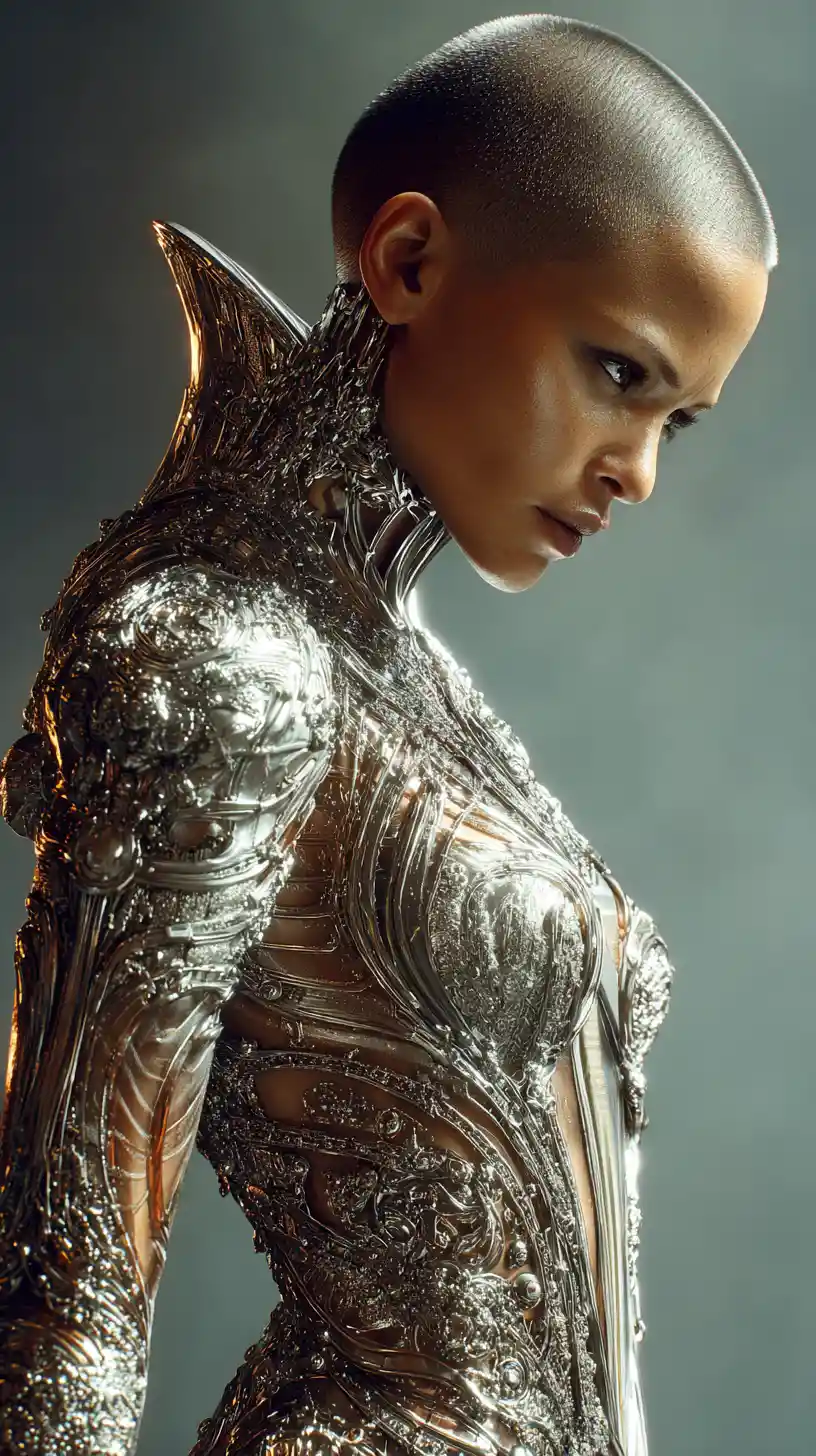 Muscular silver armored galactic warrior woman in sunlight
