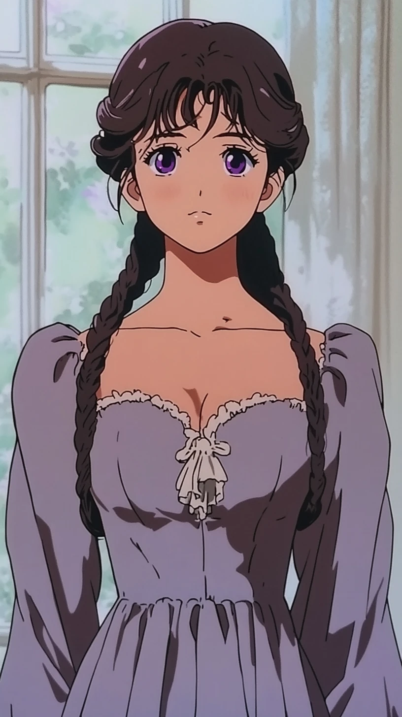 Young woman in long dress with striking purple eyes