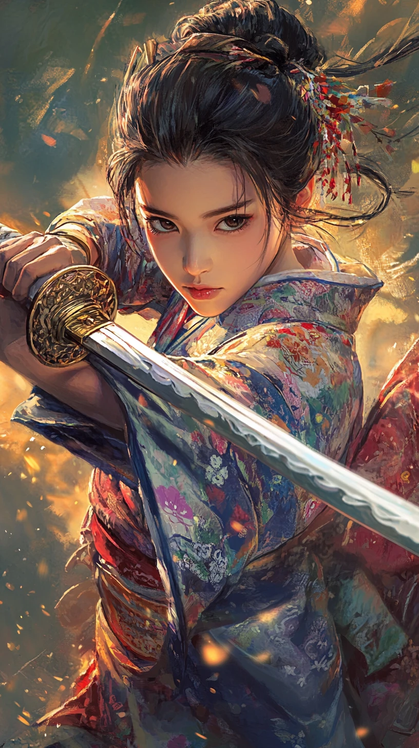 Geisha warrior in ornate kimono striking a battle pose